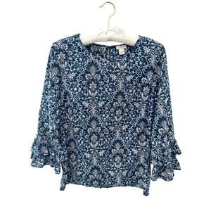 J.CREW | Blue White Floral Ruffle Sleeve Cotton Blouse Top | Size 2